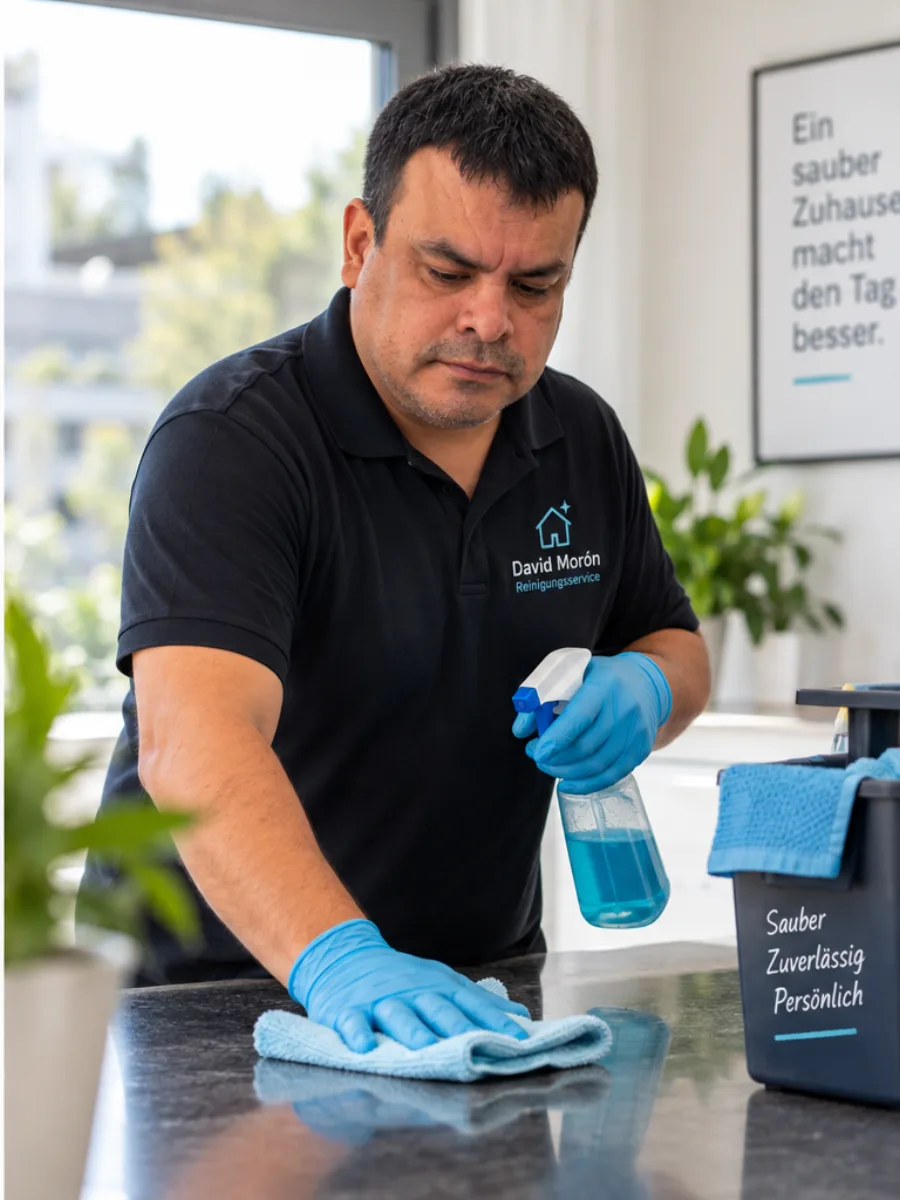 David Morón reinigt eine Oberfläche mit Mikrofasertuch und Sprühflasche